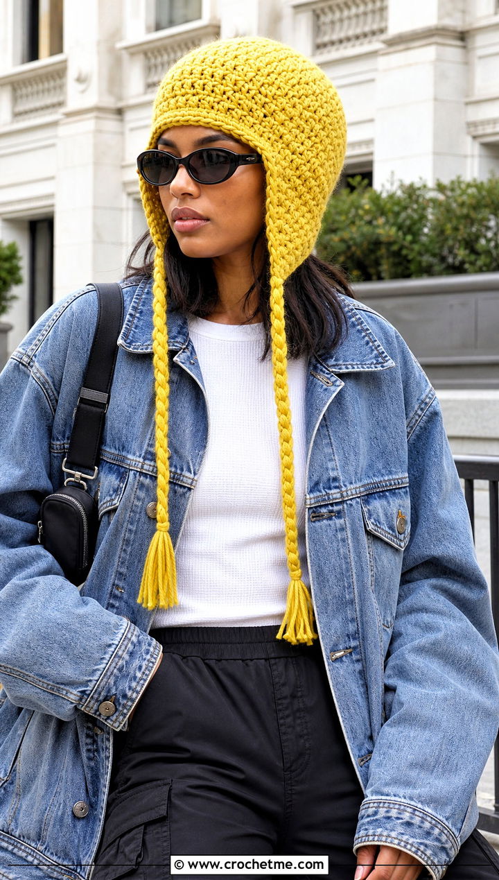 Braided Tie Crochet Earflap Beanie With Denim Jacket - 15 Crochet Beanie With Earflaps outfit ideas