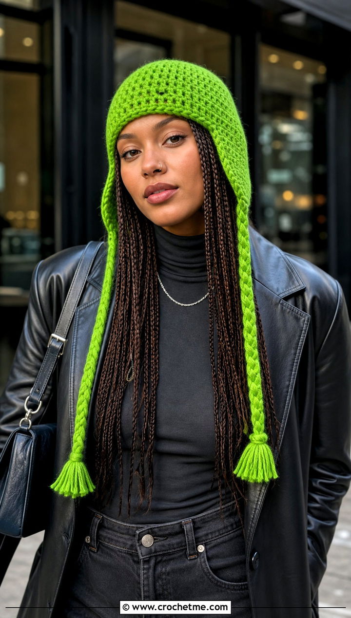 Braided Tie Crochet Earflap Beanie With Leather Jacket - 30 crochet earflap beanie outfit ideas