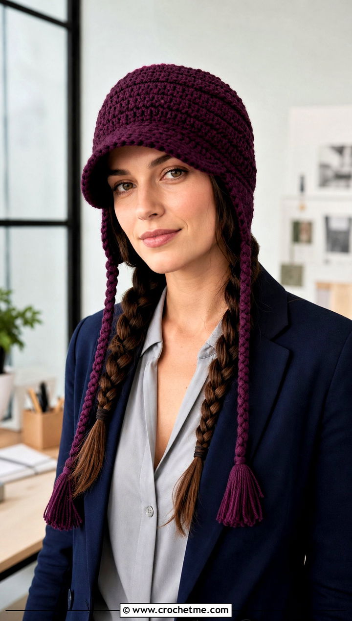 Braided Tie Crochet Flap Hat With Blazer - 30 crochet flap hat outfit ideas