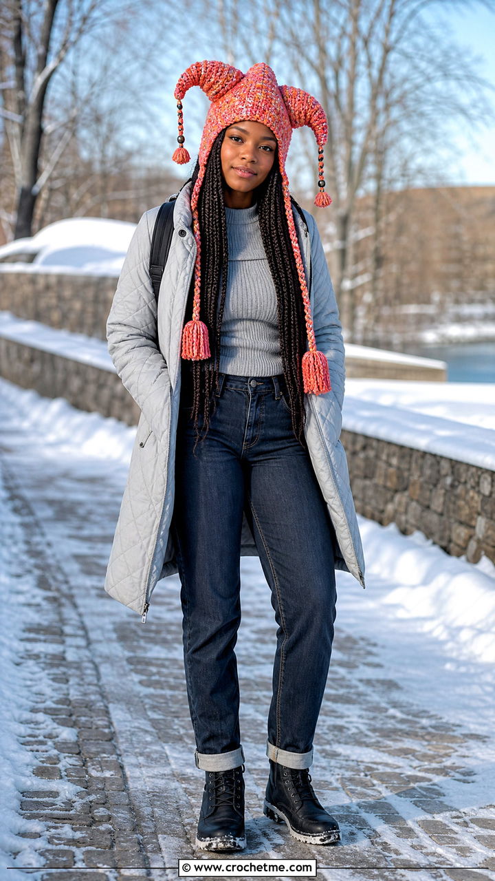 Braided Tie Crochet Jester Hat With Quilted Coat - 35 crochet jester hat outfit ideas