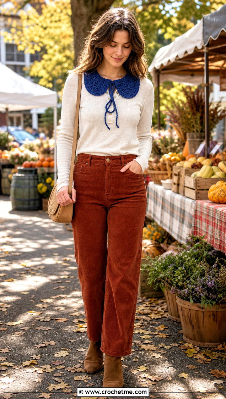 Braided Tie Crochet Peter Pan Collar With Henley Top And Corduroy Pants - 35 crochet peter pan collar outfit ideas