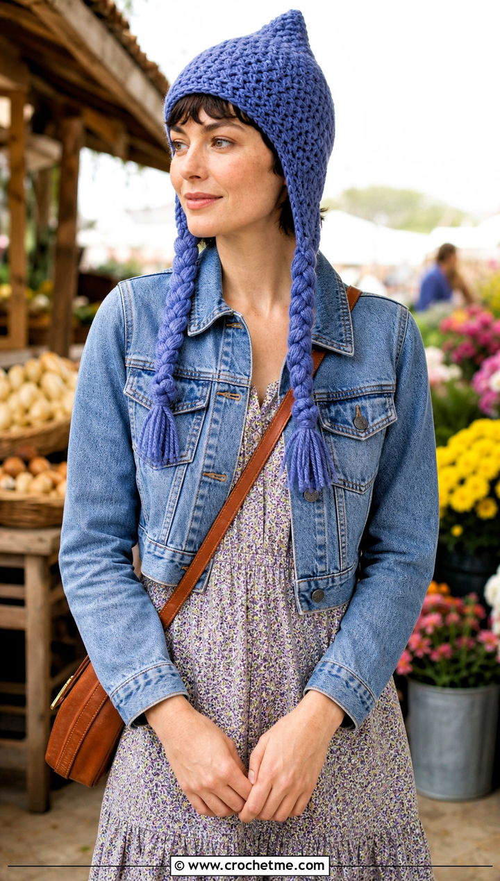 Braided Tie Crochet Pixie Hat With Prairie Dress - 30 crochet pixie hat outfit ideas