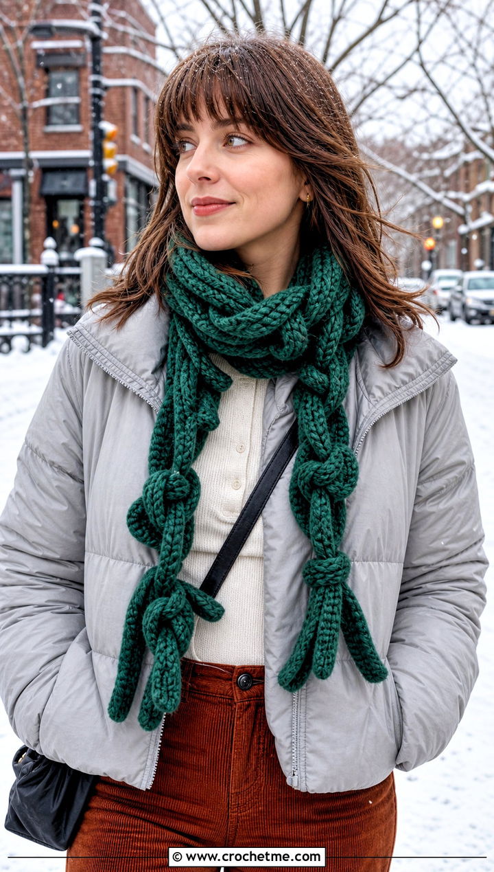 Braided Tie Crochet Scarf With Puffer Jacket And Corduroy Pants - 25 Tiny Crochet Scarf outfit ideas