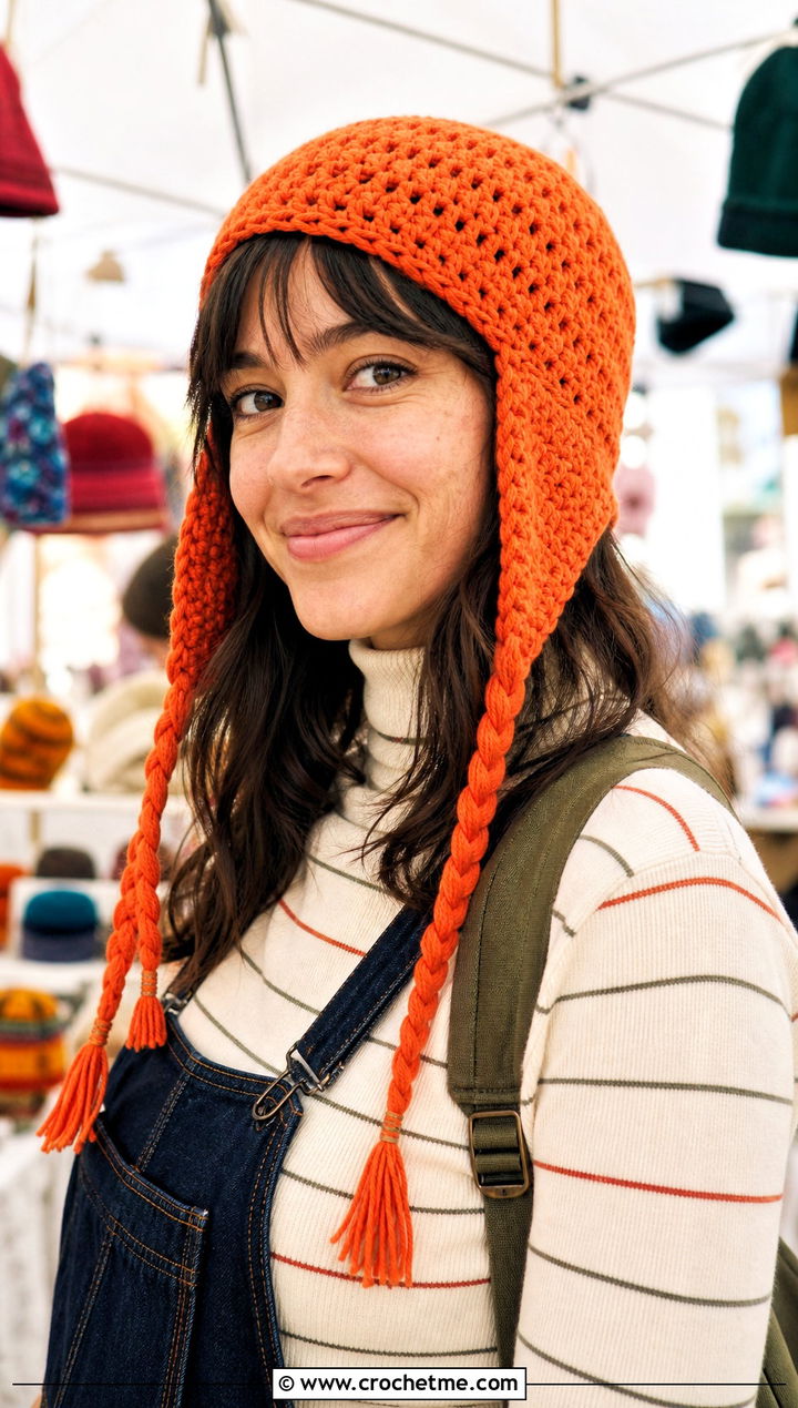 Braided Tie Crochet Stocking Cap With Denim Overalls - 30 crochet stocking cap outfit ideas