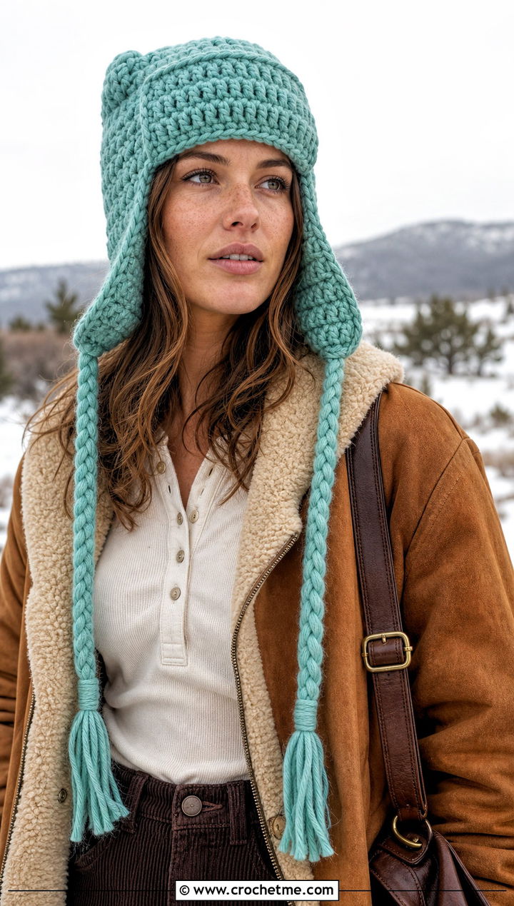 Braided Tie Crochet Ushanka Hat With Shearling Jacket - 30 crochet ushanka hat outfit ideas