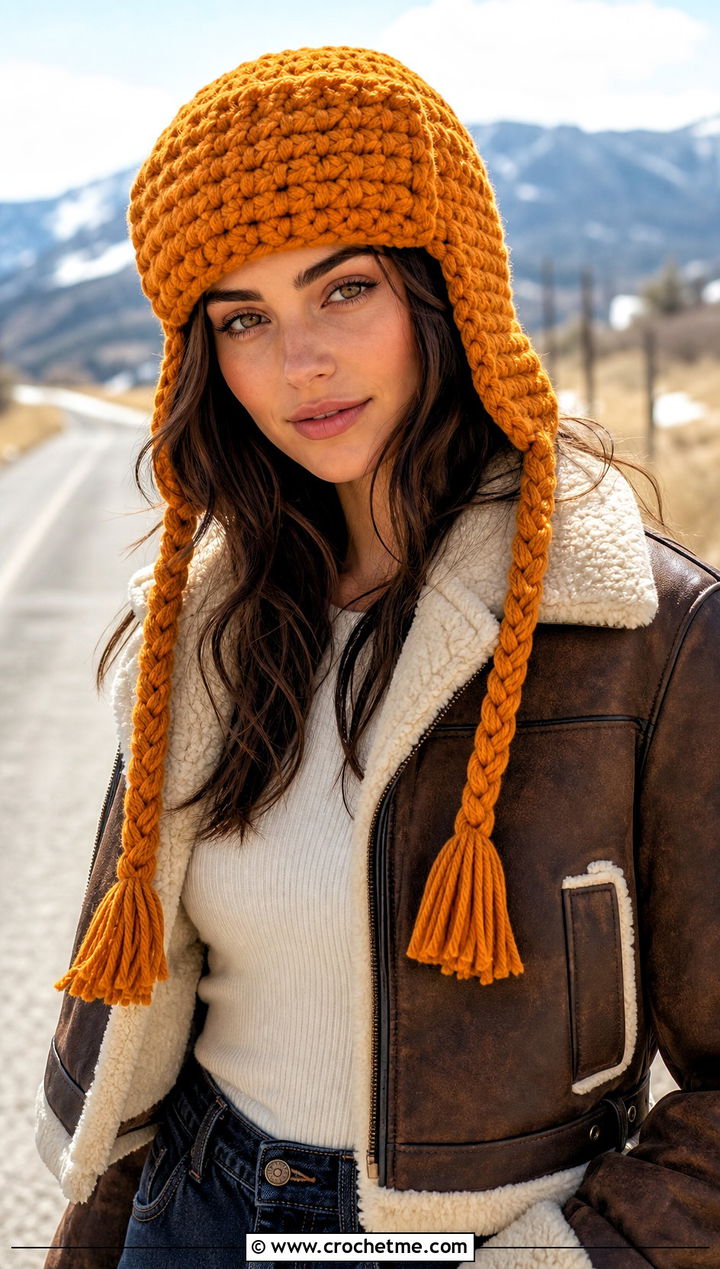 Braided Tie Crochet Ushanka With Shearling Jacket - 35 crochet russian hat outfit ideas
