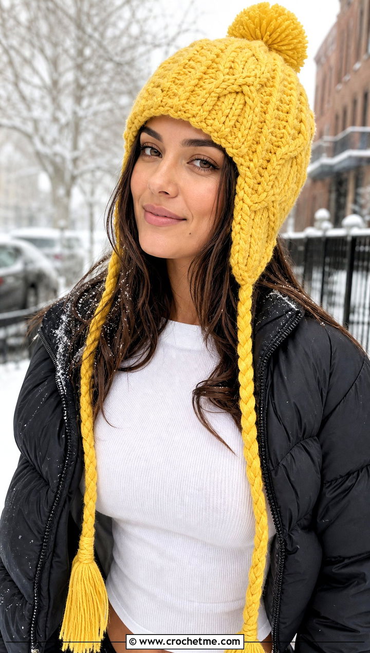 Braided Tie Ear Flap Beanie With Puffer Jacket - 30 crochet ear flap beanie outfit ideas