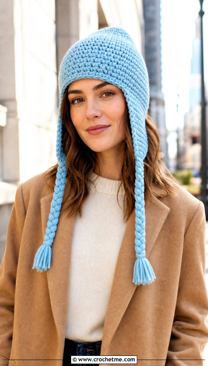 Braided Tie Ear Flap Hat With Blazer And Jeans - 25 crochet ear flap hat outfit ideas