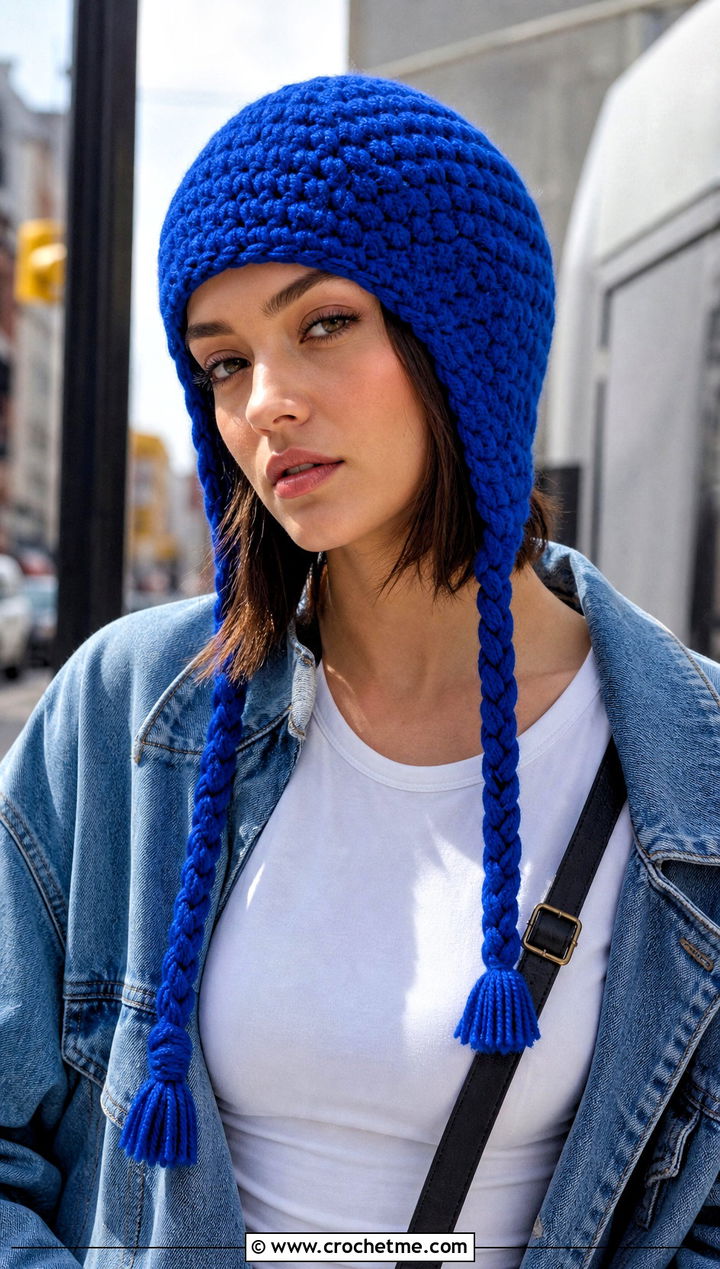Braided Tie Earflap Crochet Beanie With Denim Jacket - 25 Earflap Crochet Beanie outfit ideas