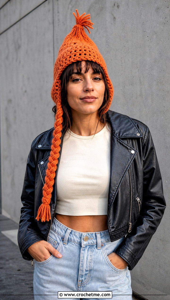 Braided Tip Crochet Cindy Lou Who Hat With Leather Jacket - 20 Crochet Cindy Lou Who Hat outfit ideas
