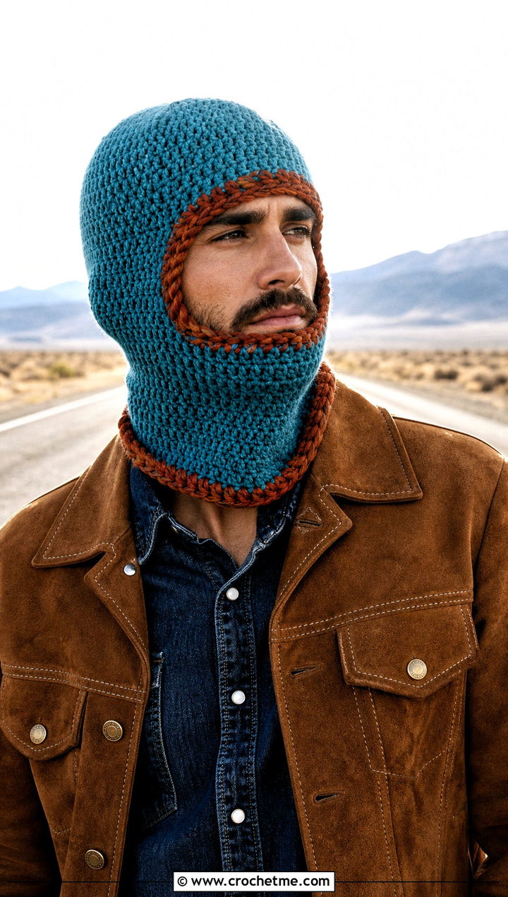 Braided Trim Crochet Balaclava With Western Jacket - 30 crochet balaclava for men outfit ideas
