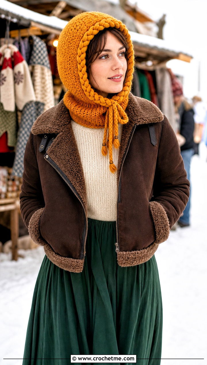 Braided Trim Helmet Balaclava With Shearling Jacket - 25 crochet helmet balaclava outfit ideas