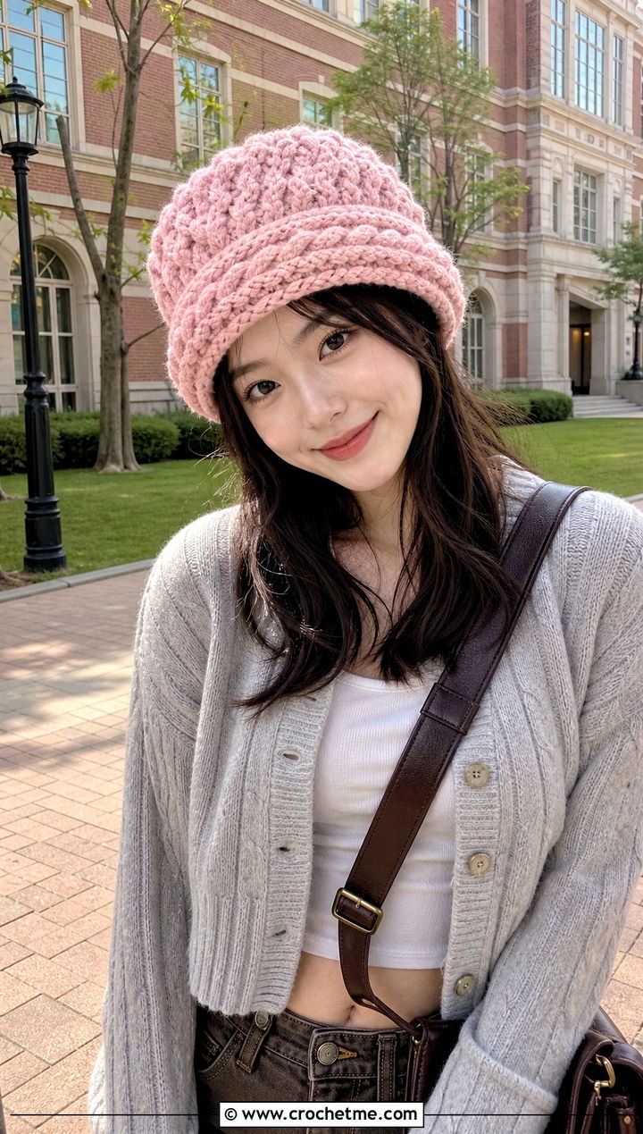 Braided Trim Snowy Puff Crochet Hat With Cardigan And Trousers - 15 snowy puff crochet hat outfit ideas
