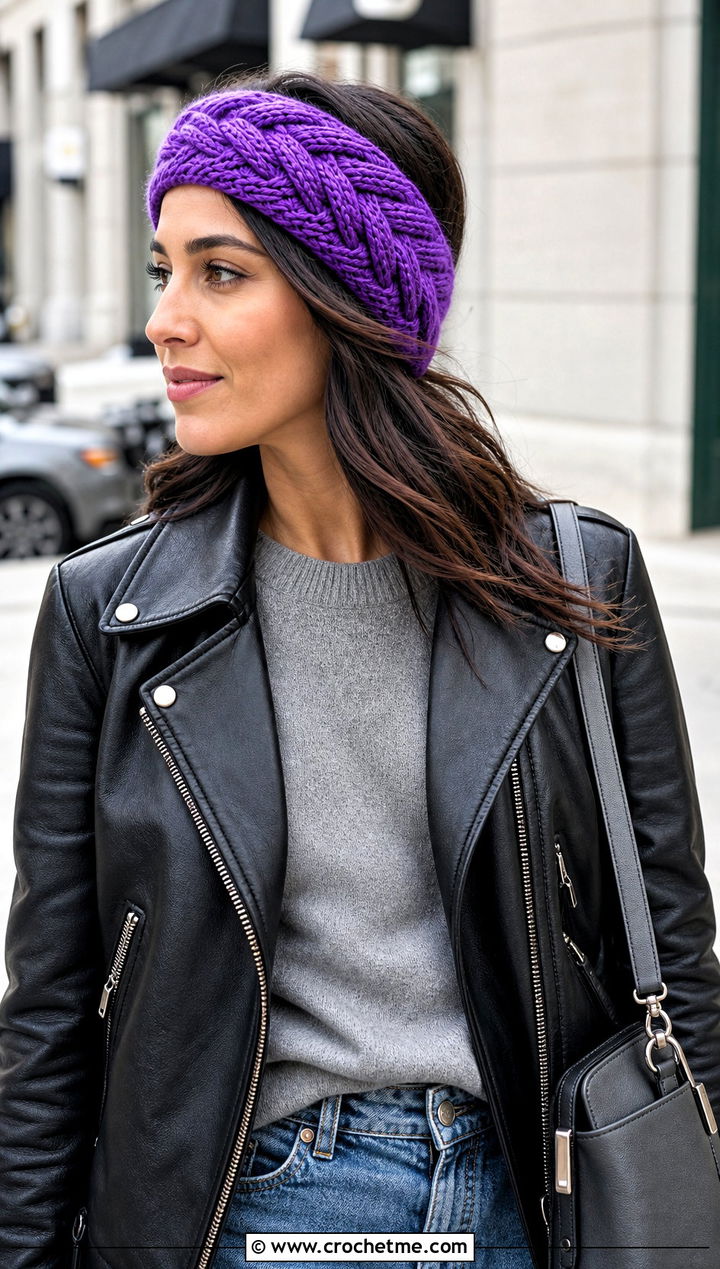 Braided Tunisian Crochet Ear Warmer With Leather Jacket - 30 Tunisian Crochet Ear Warmer outfit ideas