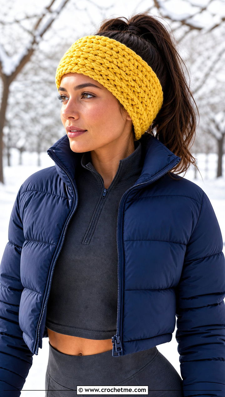 Braided Tunisian Crochet Ear Wrap With Puffer Jacket - 20 crochet ear wrap outfit ideas
