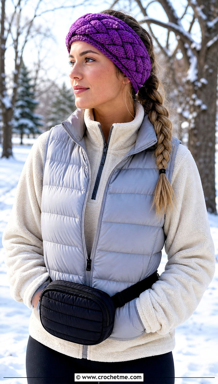 Braided Tunisian Crochet Earwarmer With Puffer Vest - 15 Tunisian Crochet Earwarmer outfit ideas