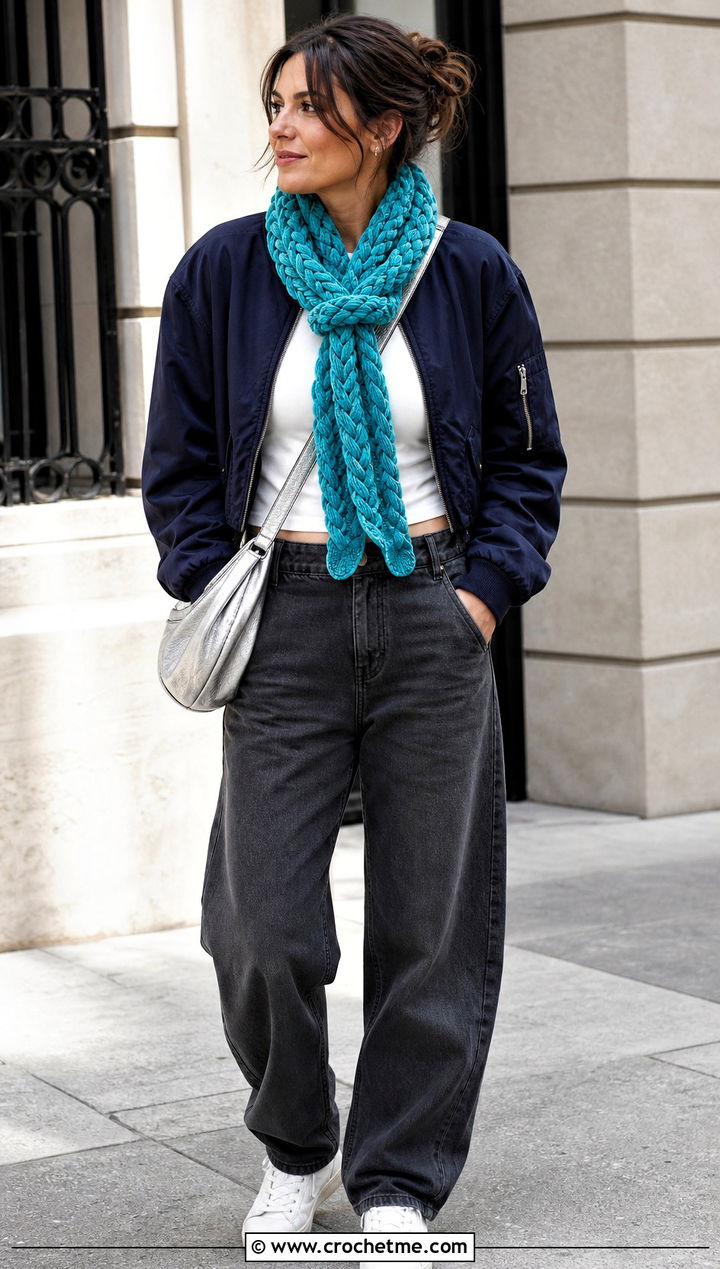 Braided Velvet Crochet Scarf With Bomber Jacket - 25 Velvet Crochet Scarf outfit ideas