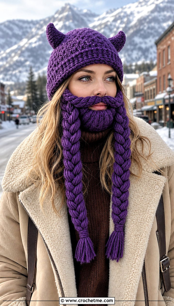 Braided Viking Beard Crochet Hat With Shearling Jacket - 25 Beard Crochet Hat outfit ideas