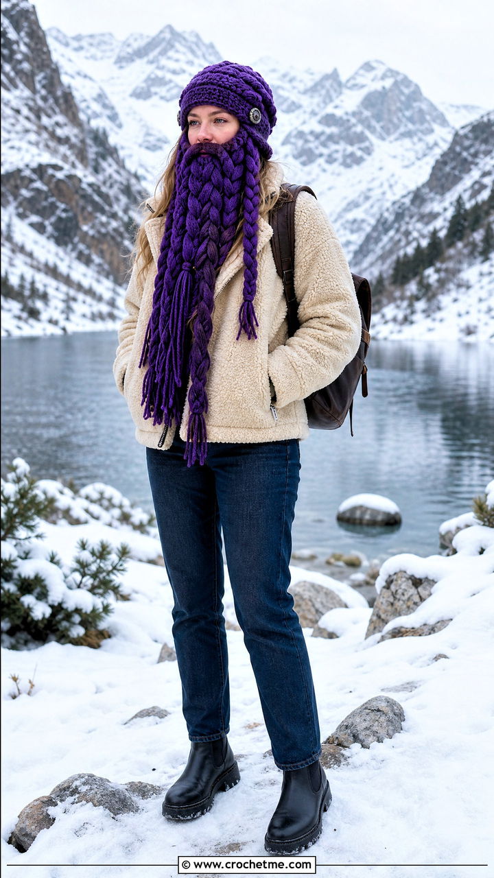 Braided Viking Beard Hat With Shearling Jacket - 35 crochet beard hat outfit ideas