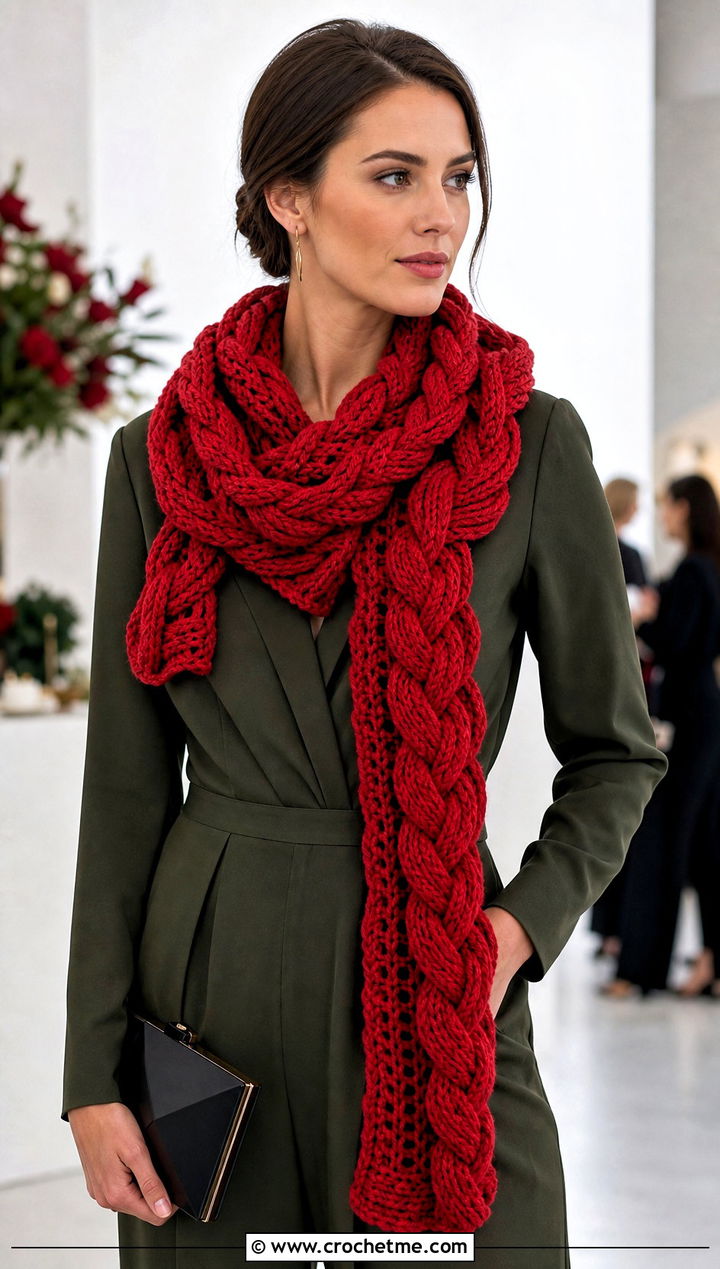 Braided Wave Crochet Scarf With Jumpsuit and Ankle Boots - 25 wavy crochet scarf outfit ideas