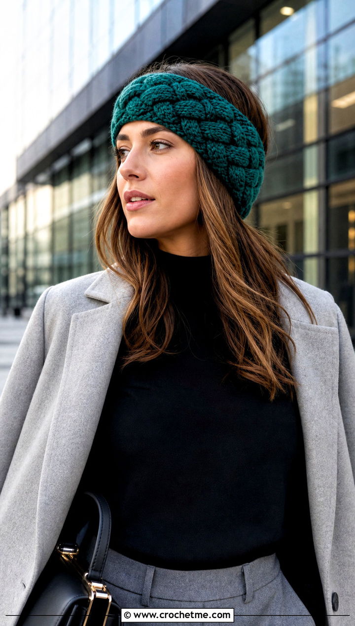 Braided Wide Crochet Ear Warmer With Tailored Trousers - 15 Wide Crochet Ear Warmer outfit ideas