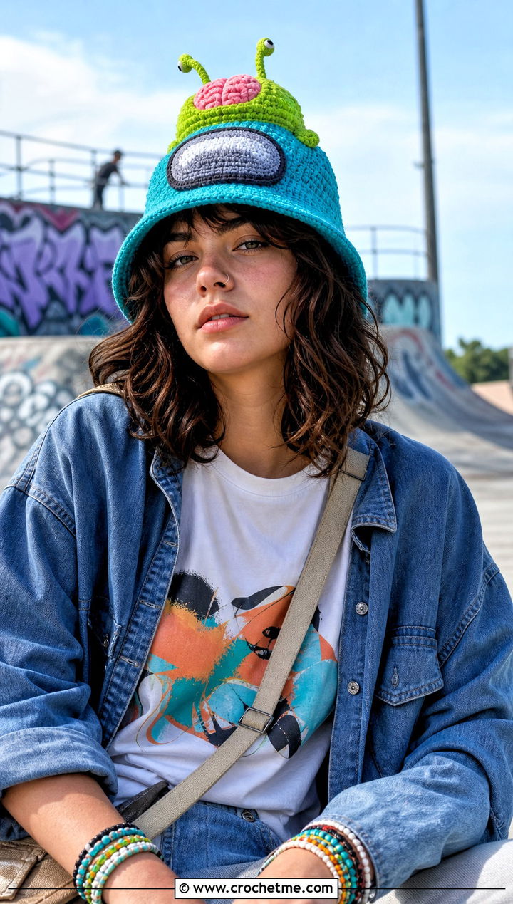 Brain Slug Crewmate Bucket Hat With Graphic Tee - 20 Among Us Crochet Hat outfit ideas