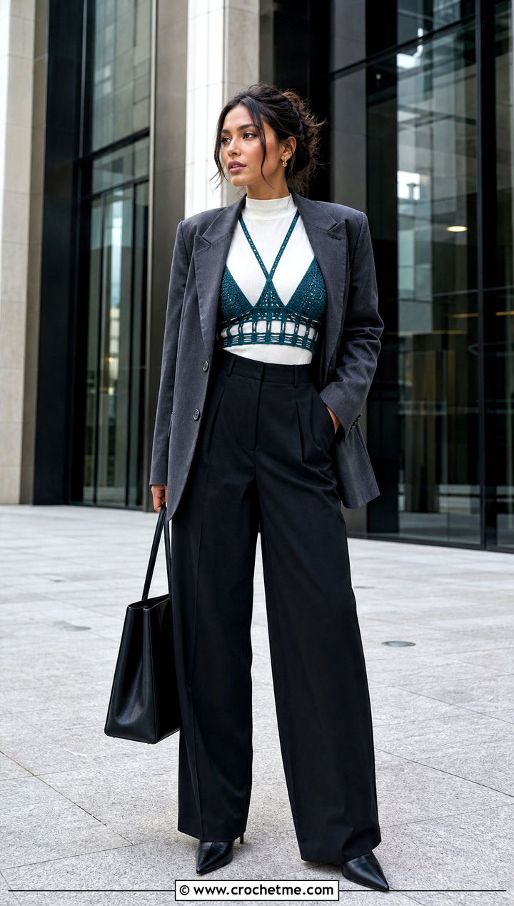 Bralette Crochet Harness Top With Oversized Blazer - 15 Crochet Harness Top outfit ideas