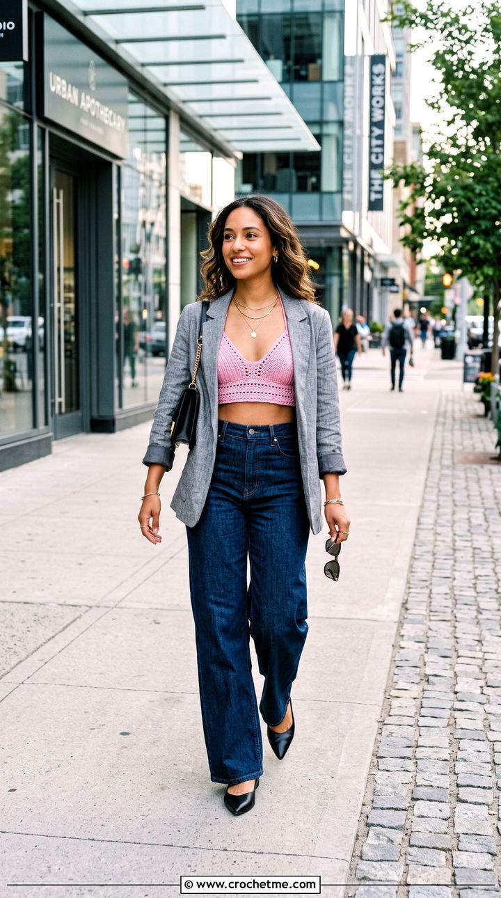Bralette Crochet Swimwear Top With Jeans And Blazer - 30 crochet swimwear top outfit ideas