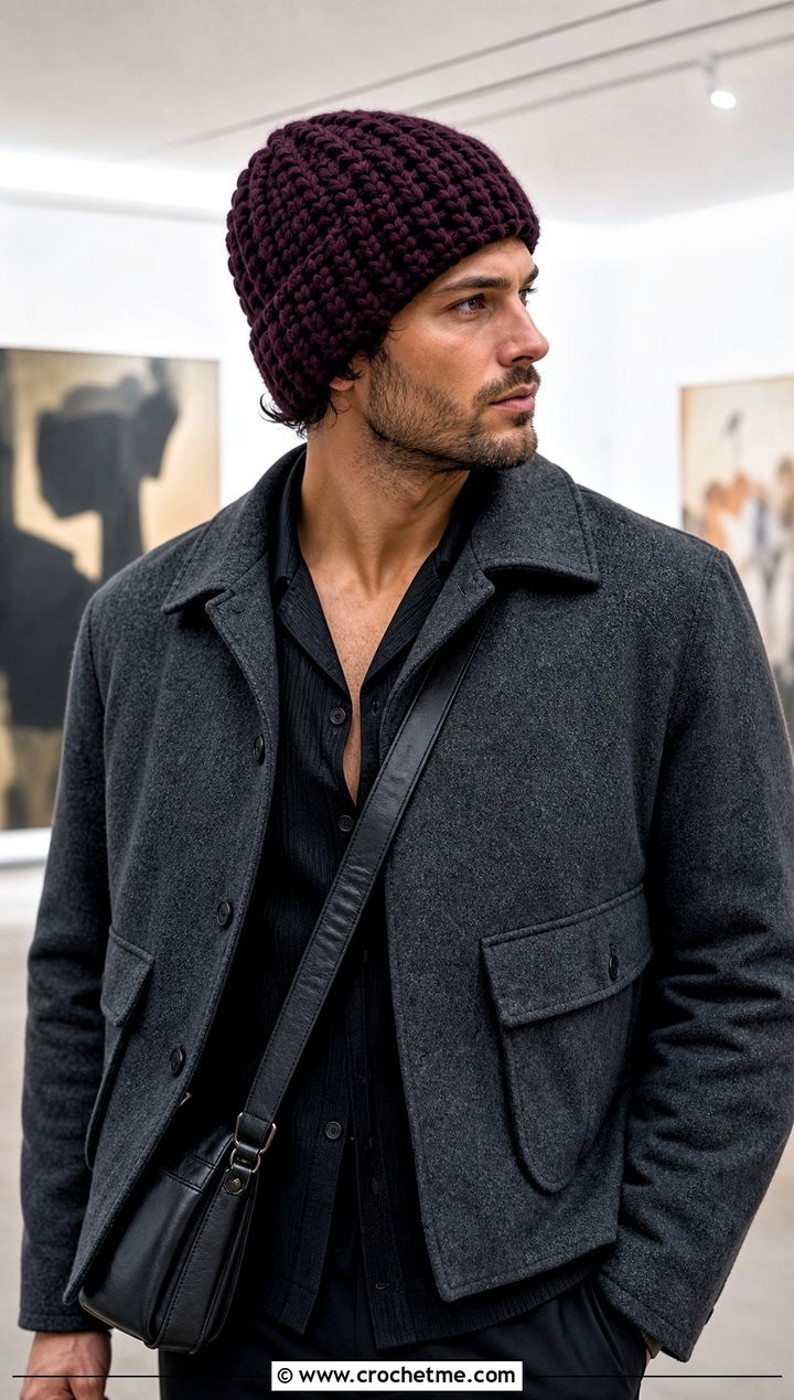 Brawny Beanie With Cropped Jacket And Pleated Pants - 15 brawny beanie men's crochet hat outfit ideas