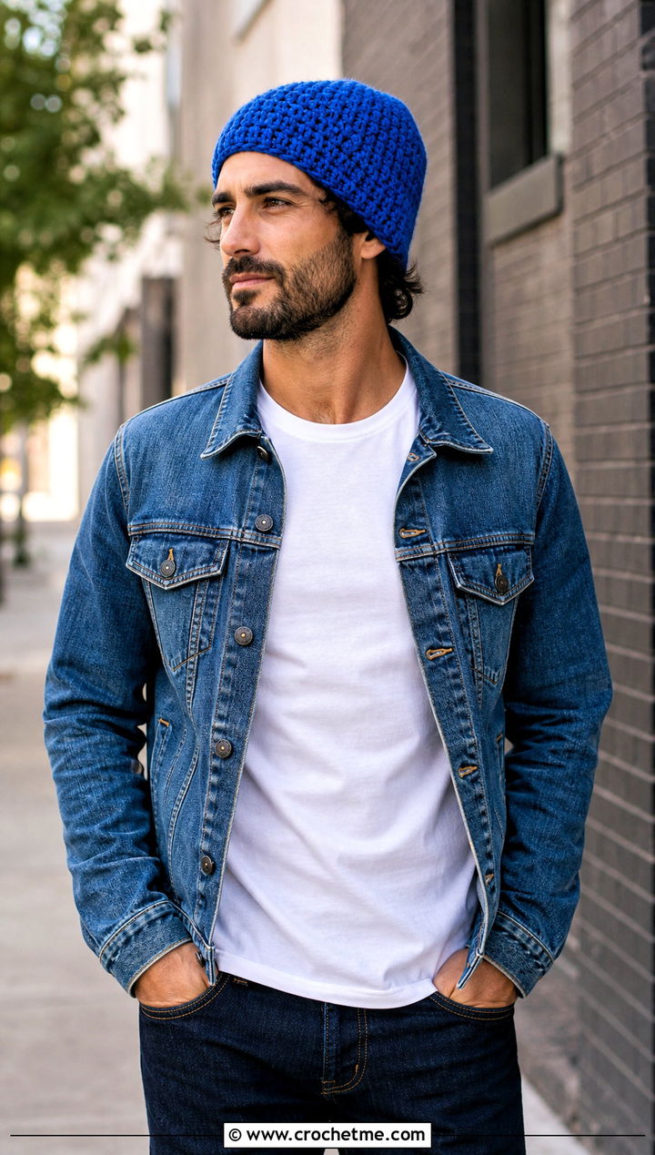 Brawny Beanie With Denim Jacket And Jeans - 15 brawny beanie men's crochet hat outfit ideas