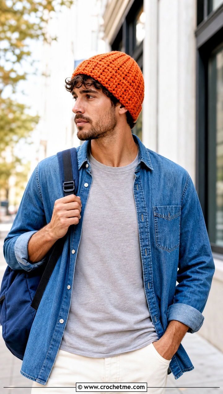 Brawny Beanie With Denim Shirt And White Jeans - 15 brawny beanie men's crochet hat outfit ideas