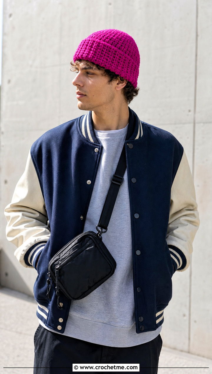 Brawny Beanie With Varsity Jacket And Track Pants - 15 brawny beanie men's crochet hat outfit ideas