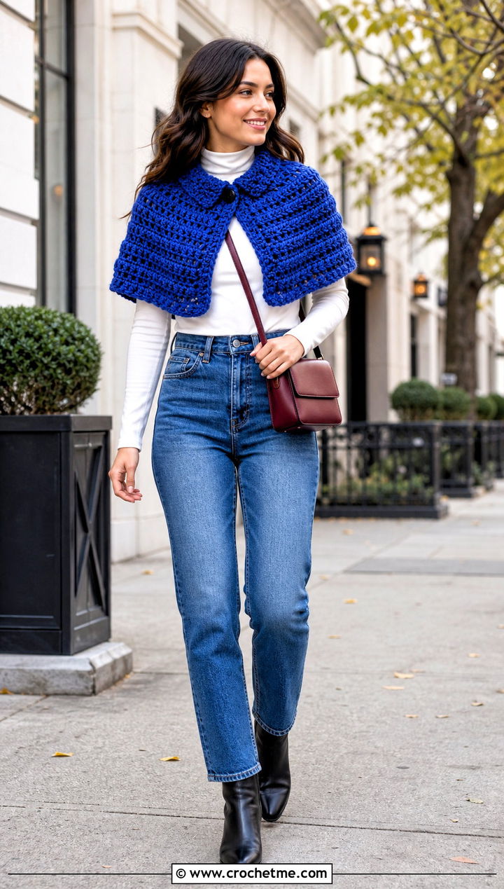 Brianna Crochet Capelet With Straight Leg Jeans - 15 Outlander Crochet Capelet outfit ideas