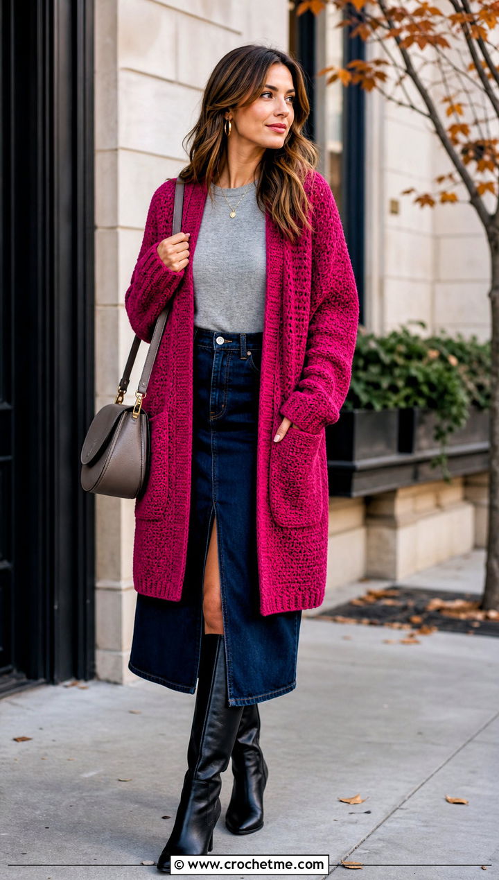 Briar Pocket Crochet Cardigan With A Denim Midi Skirt - 15 Briar Pocket Crochet Cardigan outfit ideas