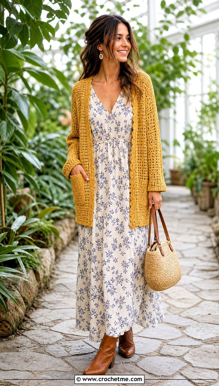 Briar Pocket Crochet Cardigan With A Floral Maxi Dress - 15 Briar Pocket Crochet Cardigan outfit ideas