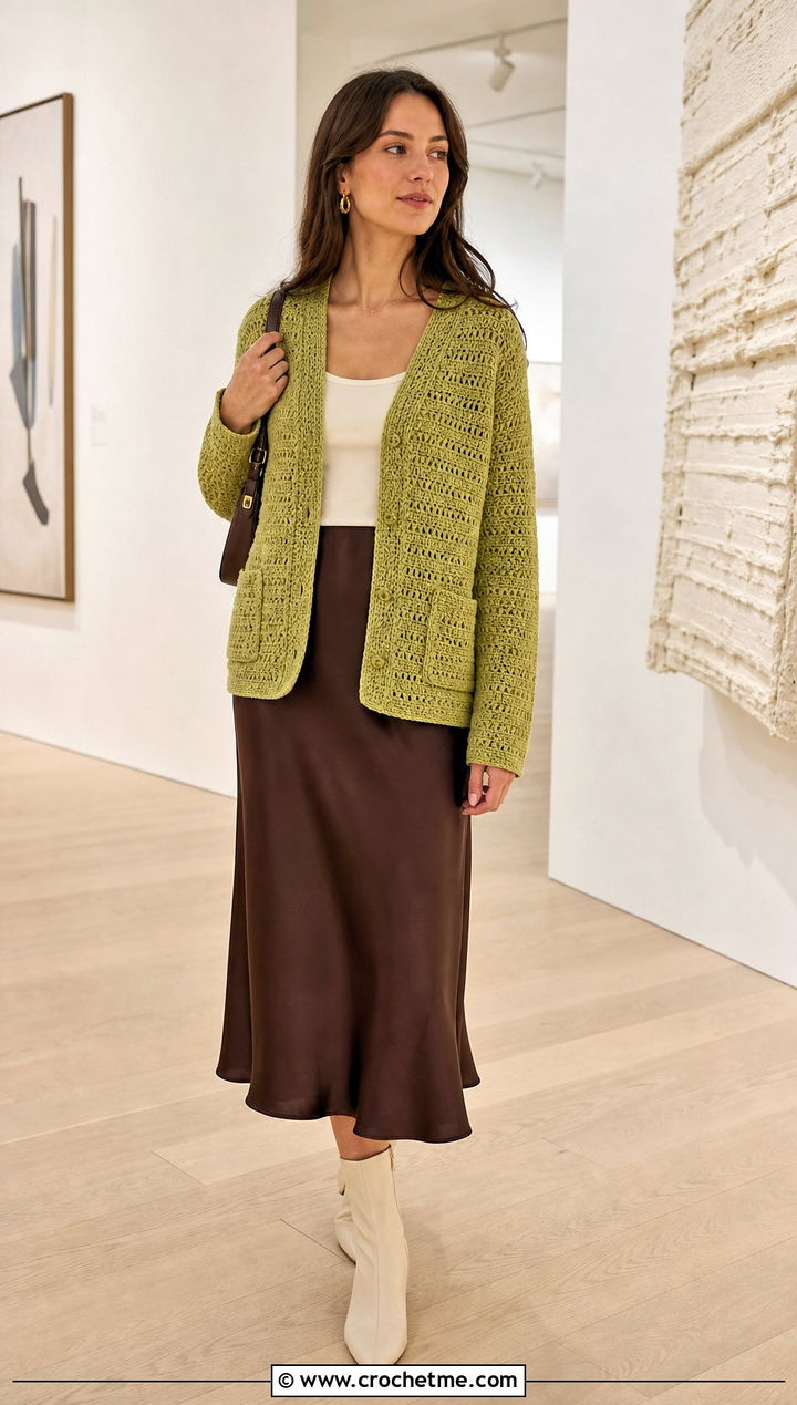 Briar Pocket Crochet Cardigan With A Satin Midi Skirt - 15 Briar Pocket Crochet Cardigan outfit ideas