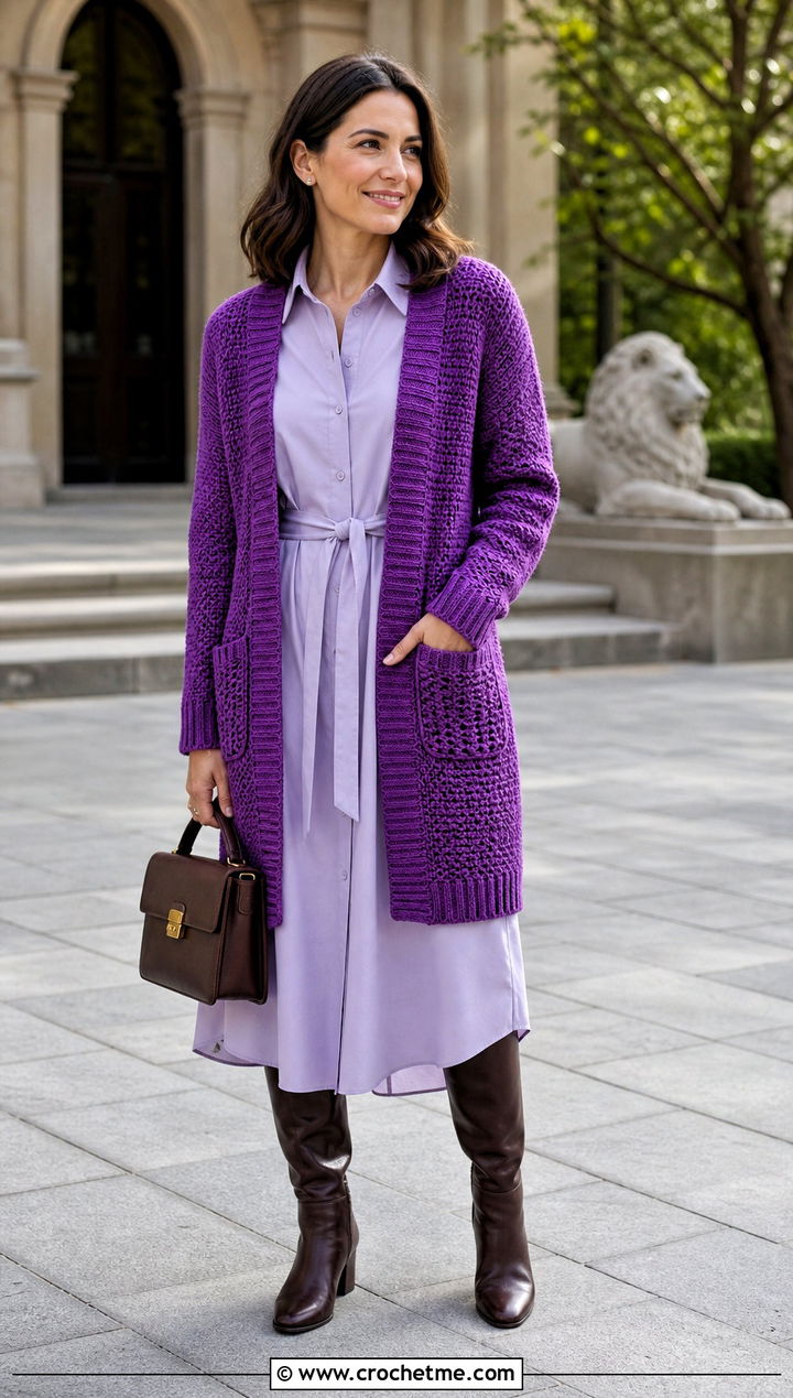 Briar Pocket Crochet Cardigan With A Shirt Dress - 15 Briar Pocket Crochet Cardigan outfit ideas