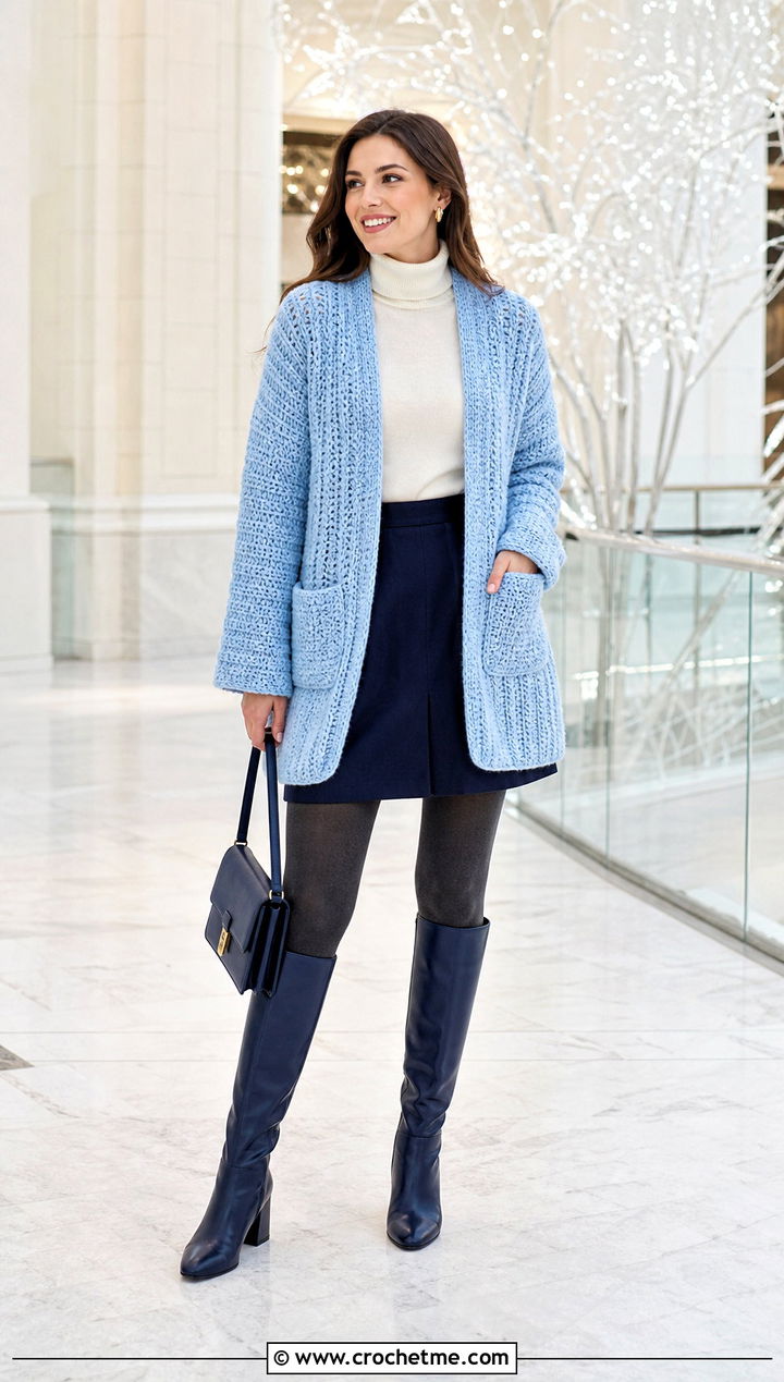Briar Pocket Crochet Cardigan With A Turtleneck And Mini Skirt - 15 Briar Pocket Crochet Cardigan outfit ideas
