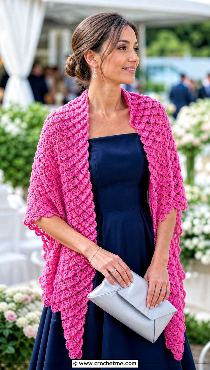 Bridal Crocodile Stitch Shawl With Wedding Guest Dress - 15 crocodile stitch crochet shawl outfit ideas