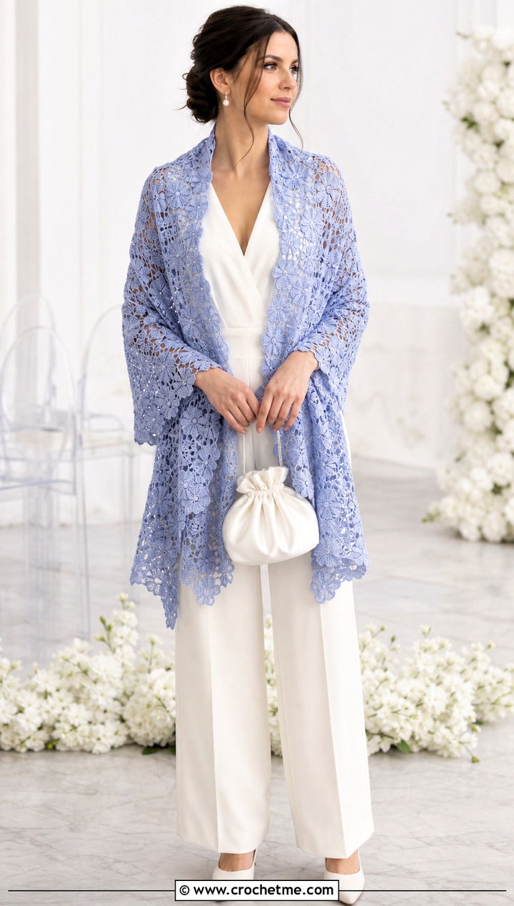 Bridal Lace Crochet Shawl With A Tailored White Jumpsuit - 30 easy crochet lace shawl outfit ideas