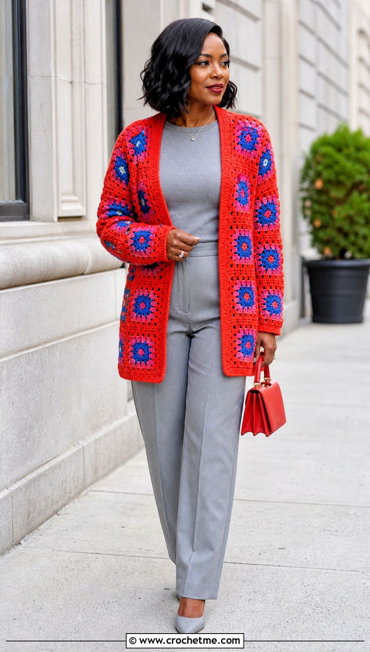 Bright African Flower Granny Square Cardigan With Monochrome Outfit - 30 african flower granny square cardigan outfit ideas