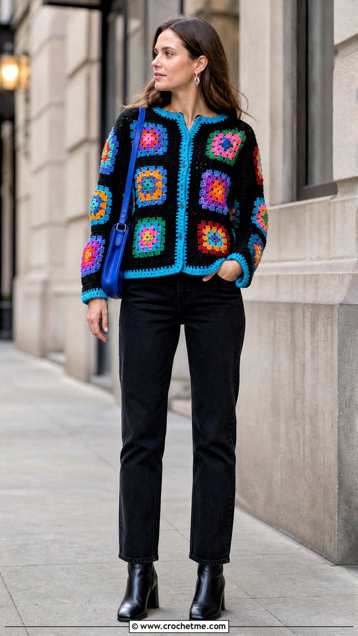 Bright Border Big Granny Square Sweater With Black Denim - 35 big granny square sweater outfit ideas