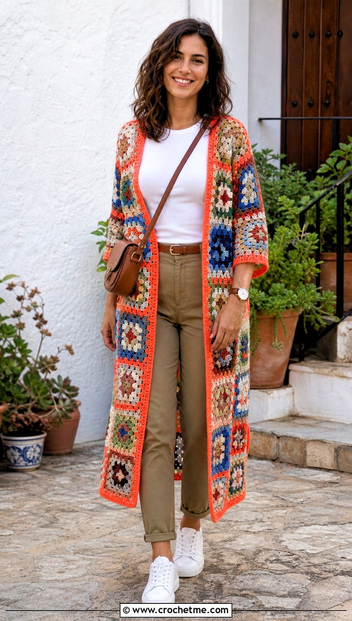 Bright Border Granny Square Duster With Khaki Pants - 35 granny square duster outfit ideas