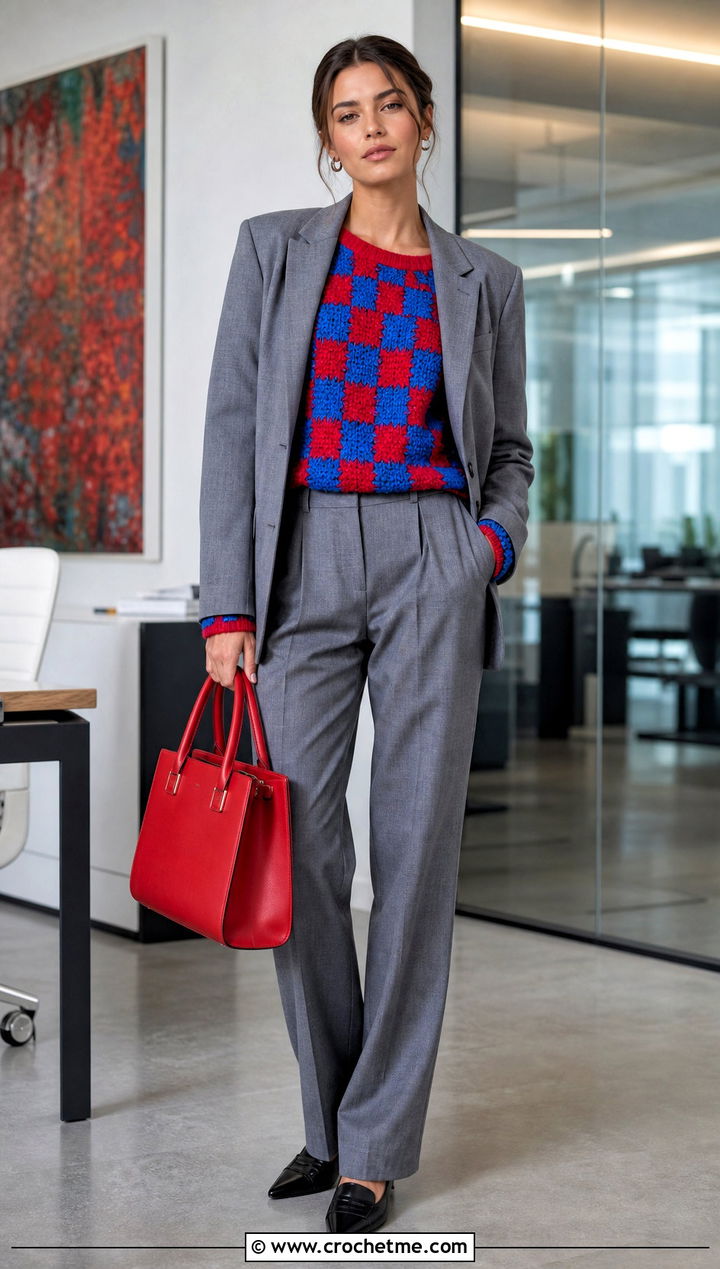 Bright Checkered Crochet Sweater With Gray Suit - 30 checkered crochet sweater outfit ideas
