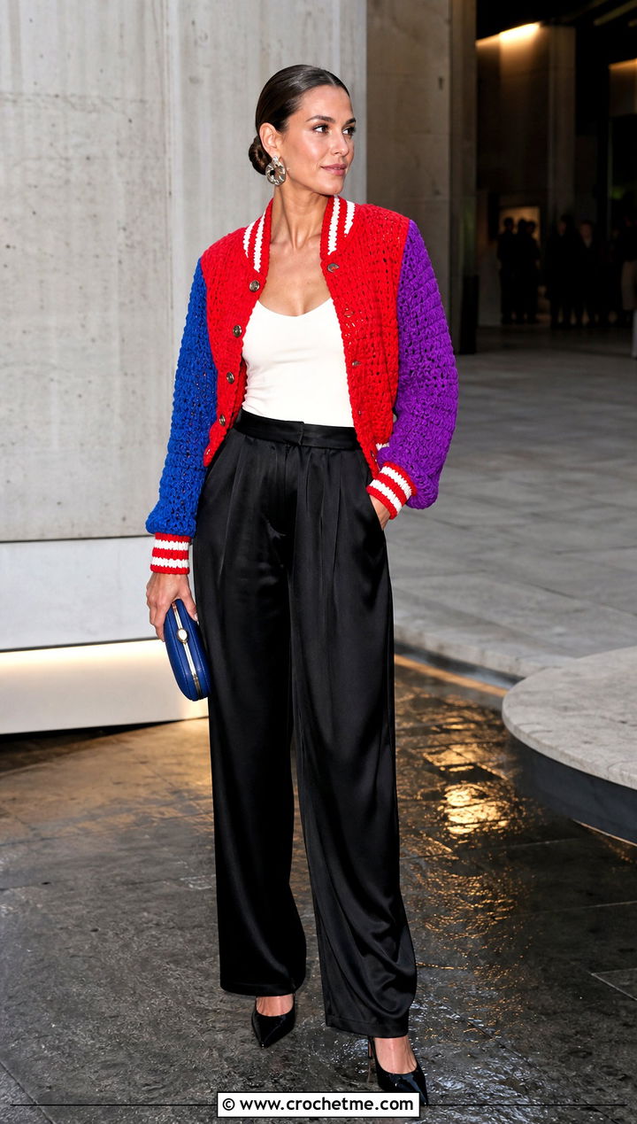 Bright Colorblock Crochet Varsity Jacket With Satin Trousers - 35 crochet varsity jacket outfit ideas