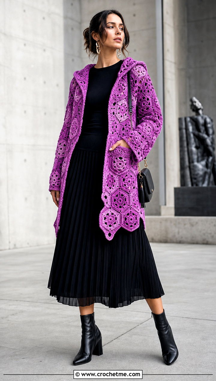 Bright Crochet Hexagon Cardigan With Hood And Black Midi Skirt - 25 Crochet Hexagon Cardigan With Hood outfit ideas