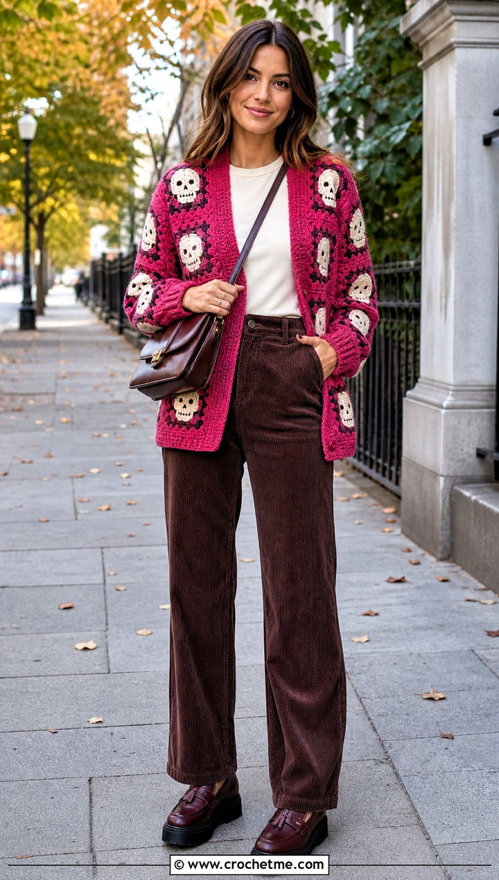 Bright Crochet Skull Granny Square Cardigan With Corduroy Pants - 25 crochet skull granny square cardigan outfit ideas