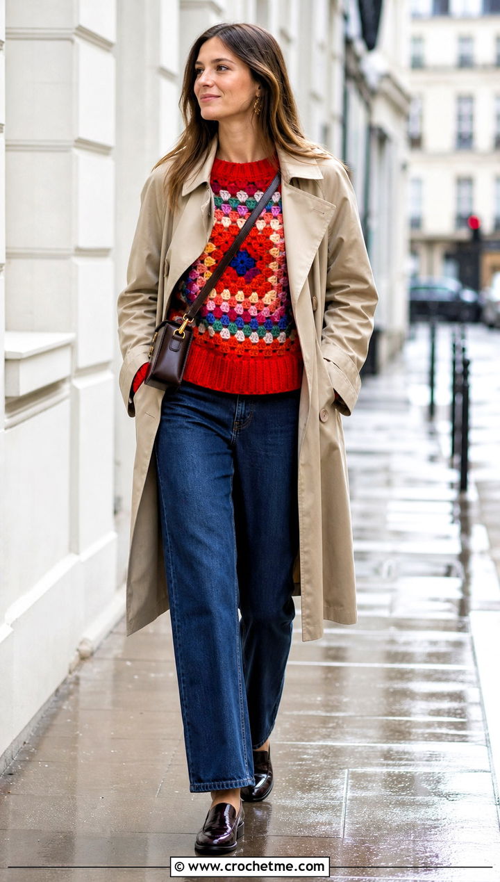 Bright Giant Granny Square Sweater Under Trench Coat - 30 giant granny square sweater outfit ideas