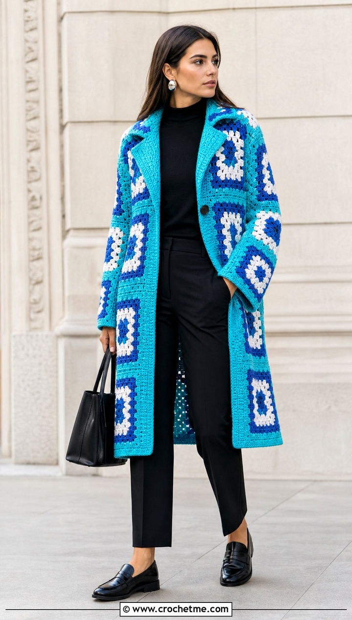 Bright Granny Square Car Coat With Monochrome Black Outfit - 15 Granny Square Car Coat outfit ideas
