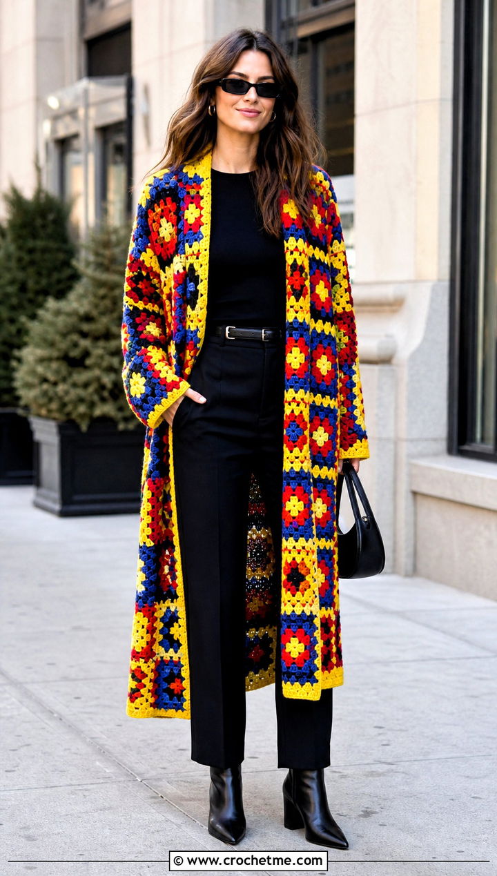 Bright Granny Square Coat With All Black Outfit - 30 granny square coat outfit ideas